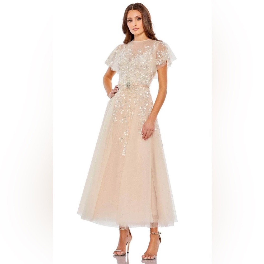 Mac Duggal 20362 Embellished Beaded Flutter Sleeve Bow Waist Gown Size 2